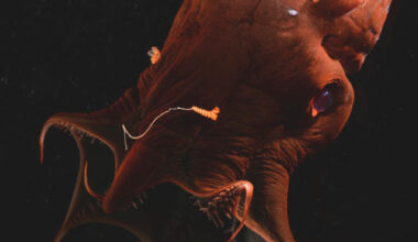The vampire squid (Vampyroteuthis sp.) is one of the most enigmatic animals of the deep sea. Image credit: Steven Haddock / MBARI.