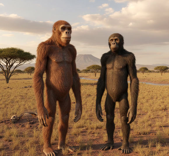 Australopithecus deyiremeda and Australopithecus afarensis. Image credit: Gemini AI.