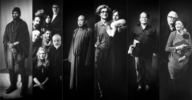 A black-and-white photo collage shows diverse groups: a man in layered clothing, a cluster of people posing closely, a monk, a smiling pair, a couple with books, and an elderly man with a woman in a striped dress and beret.