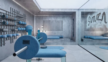 denim wraps workout equipment within sutura sculptural gym in mexico