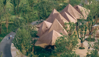 pyramidal wooden volumes frame luxeisland restaurant by DL atelier