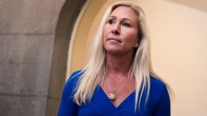 Rep. Marjorie Taylor Greene, R-Ga., makes her way to a meeting with Speaker of the House Mike Johnson, R-La., in the U.S. Capitol on Tuesday, May 7, 2024