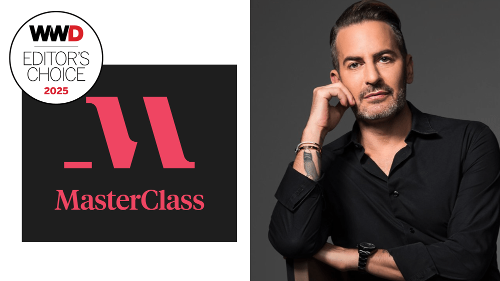 masterclass logo with editor's choice label on it; marc jacobs posing for his masterclass course promo