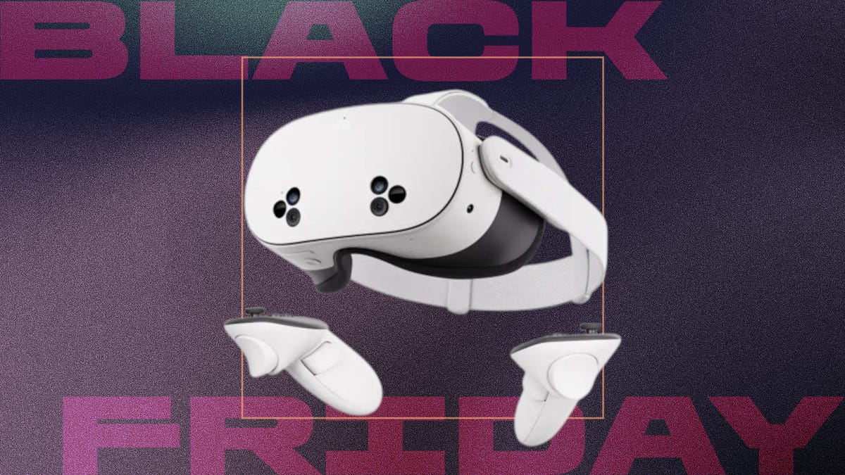 A Meta Quest 3S on an orange background