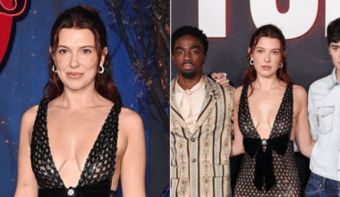 Millie Bobby Brown continues her dark glamour era in a plunging Bronx and Banco mesh gown at Netflix's "Stranger Things" FYC event in Los Angeles on Saturday.