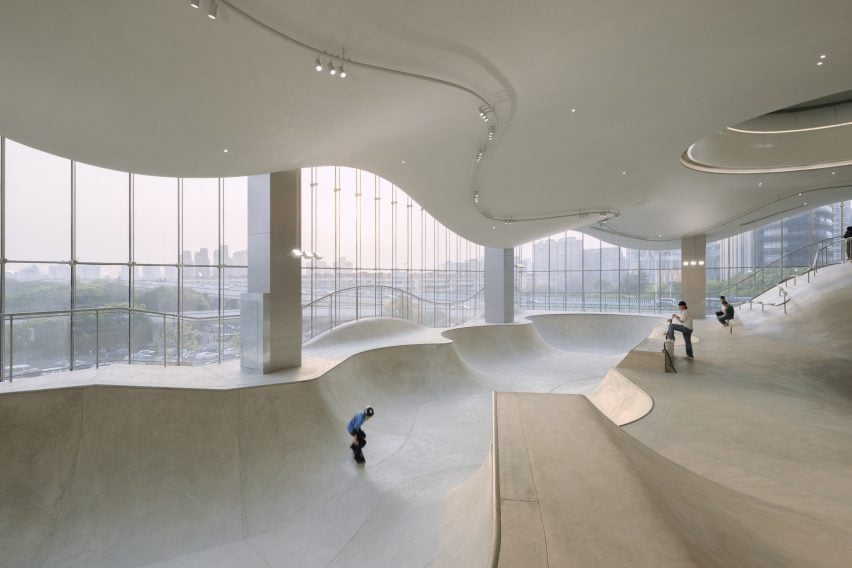 Indoor skatepark with glass walls