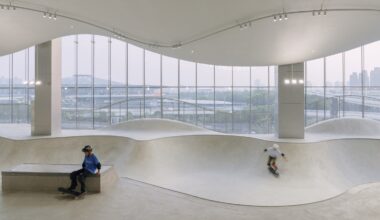 Indoor skatepark with glass walls
