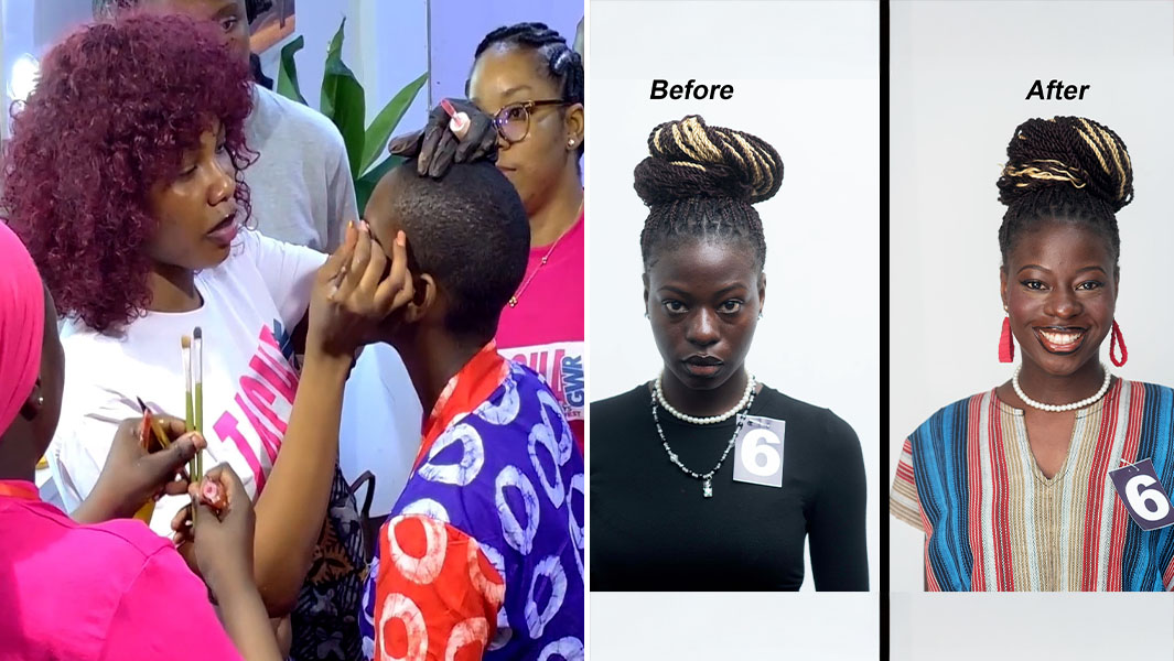 split image of Anita doing a makeover and a before and after