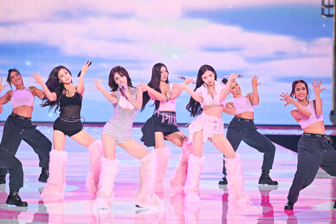 Twice performs during the 2025 Victoria's Secret Fashion Show in New York City on Oct. 15. (AP-Yonhap)