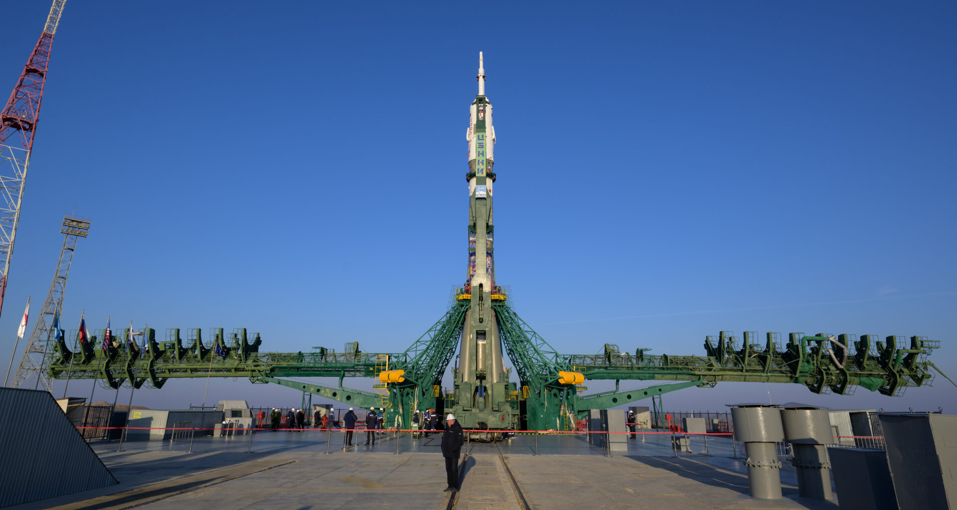 The Soyuz rocket is raised vertical, Monday, Nov. 24, 2025, at site 31 launch pad of the Baikonur Cosmodrome in Kazakhstan. Expedition 74 crewmembers: NASA astronaut Chris Williams, Roscosmos cosmonauts Sergey Kud-Sverchkov and Sergey Mikaev are scheduled to launch aboard their Soyuz MS-28 spacecraft on November 27.