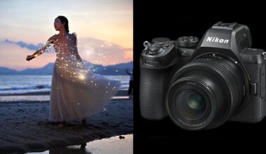 A split image shows a woman in a flowing white dress spinning sparklers on a beach at sunset, beside a close-up of a Nikon Z-series camera against a black background.