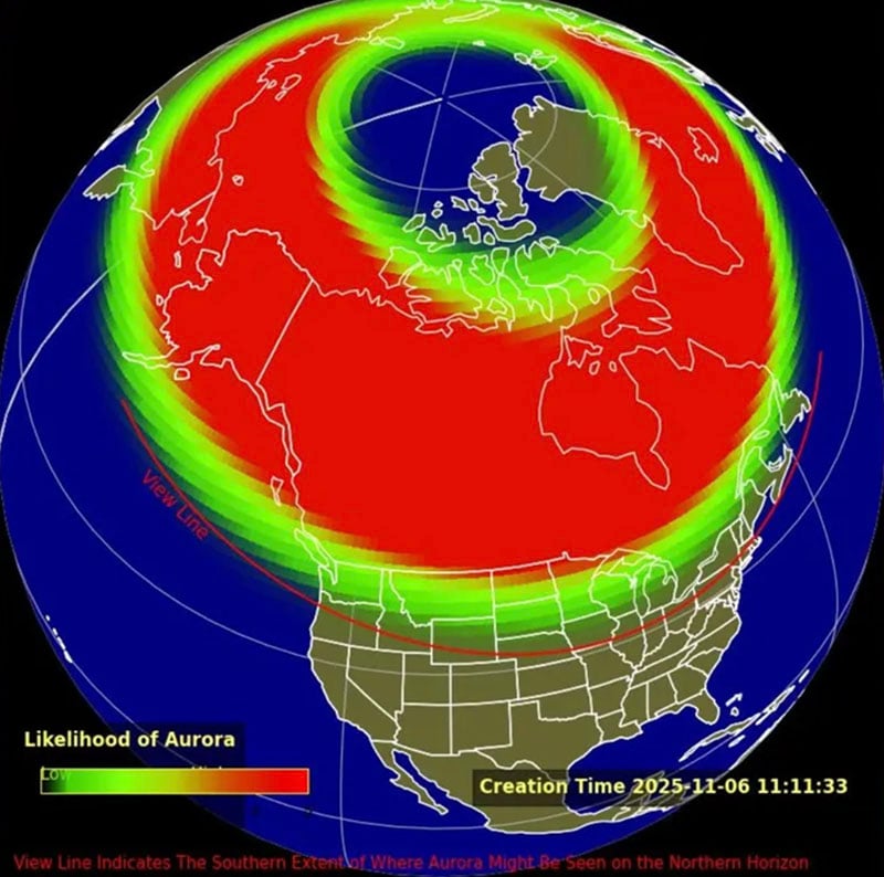 A color-coded map of North America and the Arctic shows aurora likelihood, with high likelihood in red across Canada and Greenland, fading to green and yellow in the U.S. The timestamp reads 2025-11-06 11:11:33.