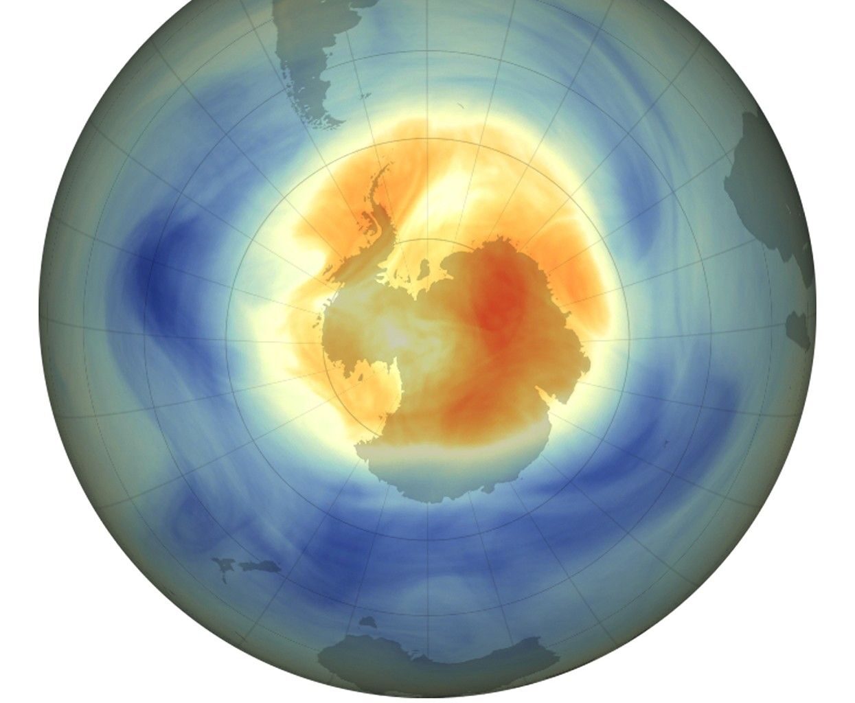 a pole down look at antarctica with a color gradient overlay corresponding to ozone density shows high concentrations over most of the southern ocean and low density over antarctica, that is interspersed with density levels that do not qualify as a "hole"