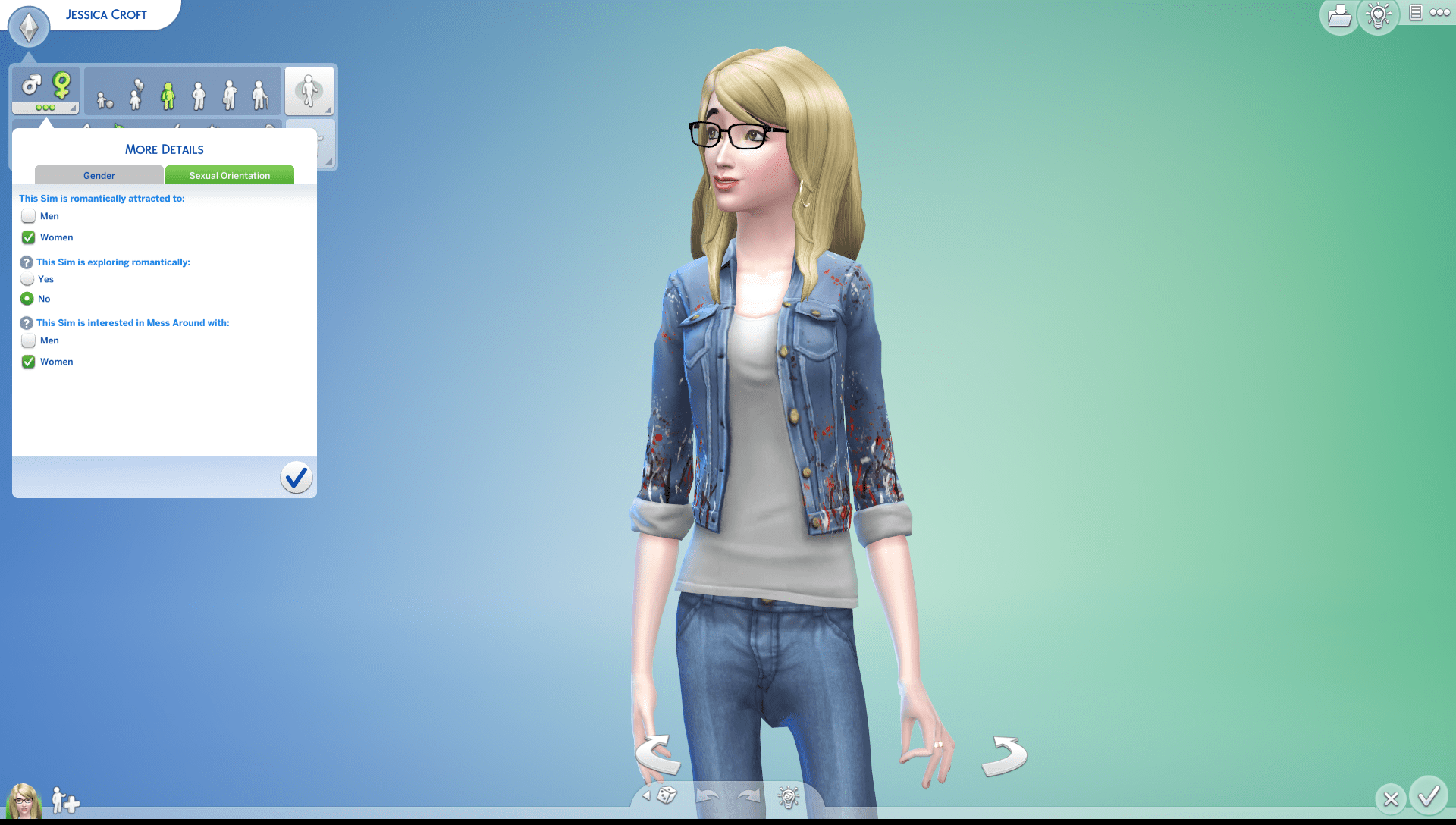 Screenshot from The Sims 4 featuring a bespectacled blond female Sim within the Create A Sim screen as the player chooses potential sexual orientation options