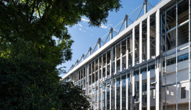 upcycled airplanes form populous' stadium facade in strasbourg