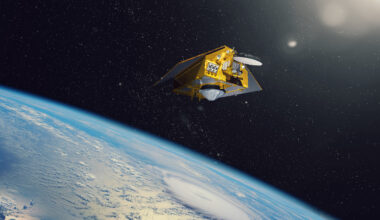 In this artist’s concept, the ocean-observing satellite Sentinel-6B orbits Earth with its deployable solar panels extended.