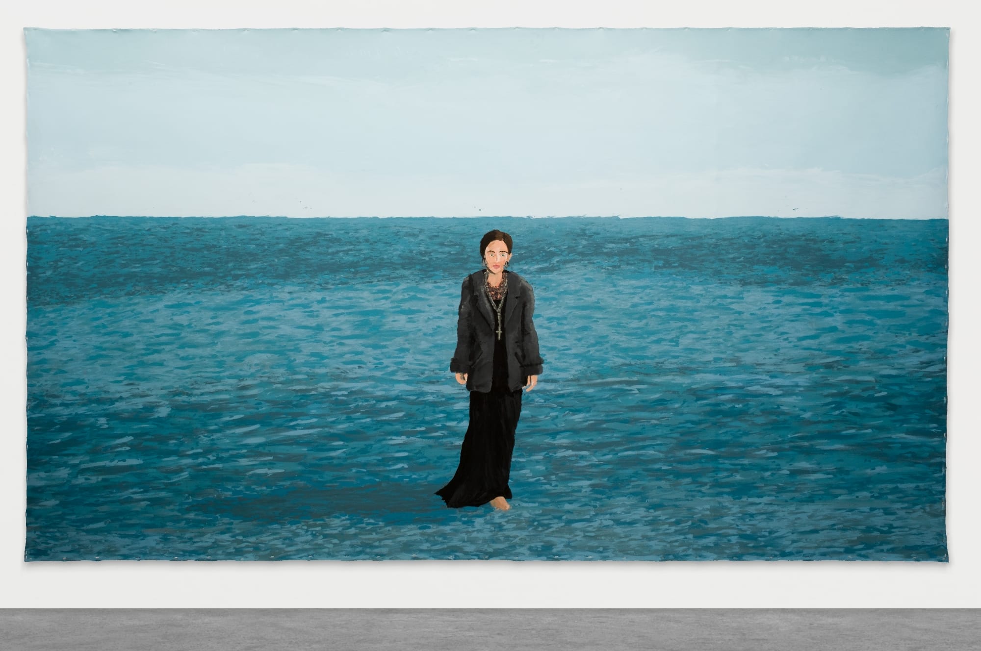 a painting by Manuela Solano of a woman walking on water