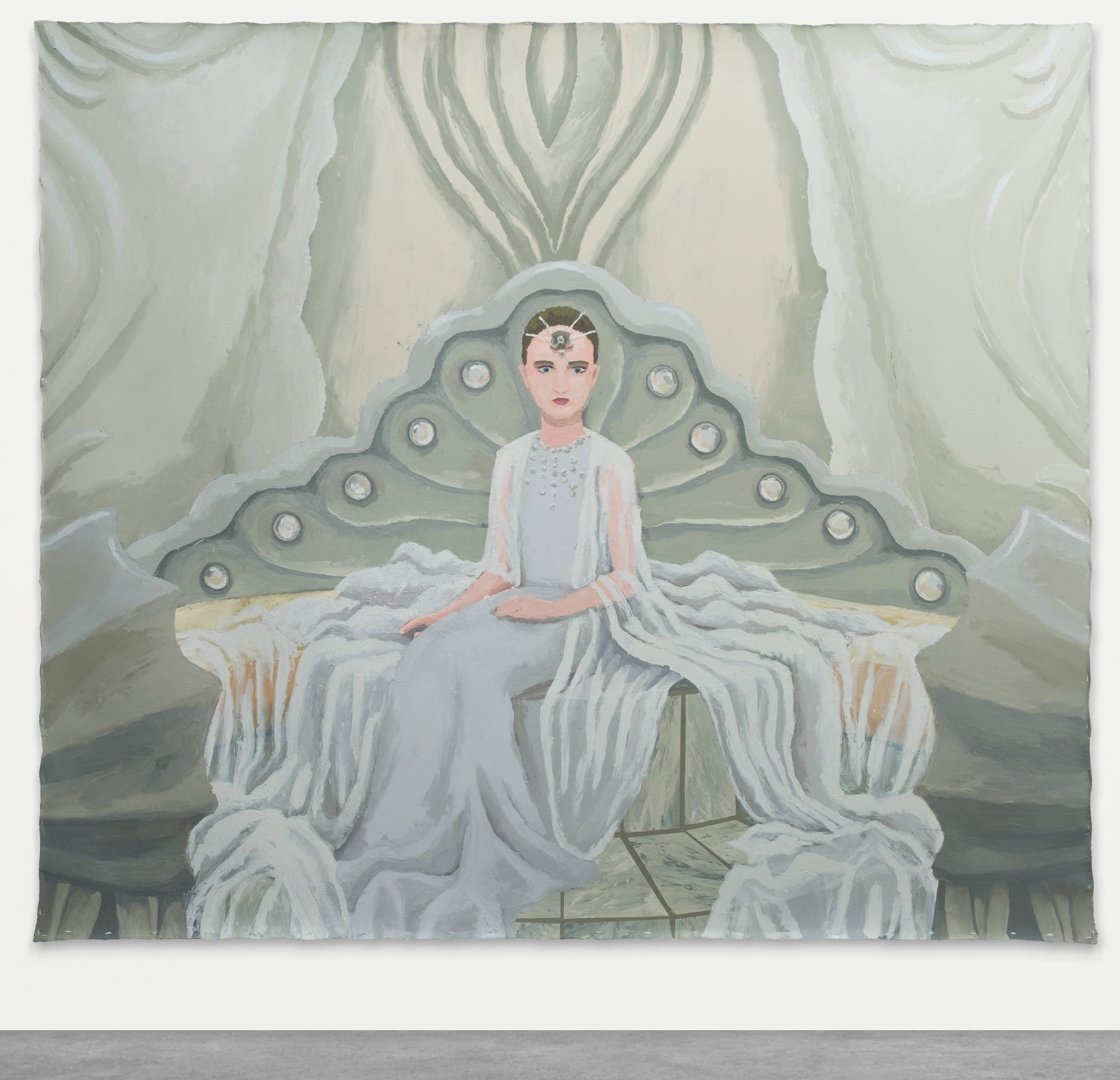 a painting by Manuela Solano of a woman seated with white-gray textiles floating around her