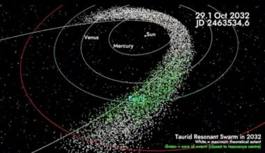 Diagram: inner solar system, with orbits of the inner planets, and the stream of Taurid debris.
