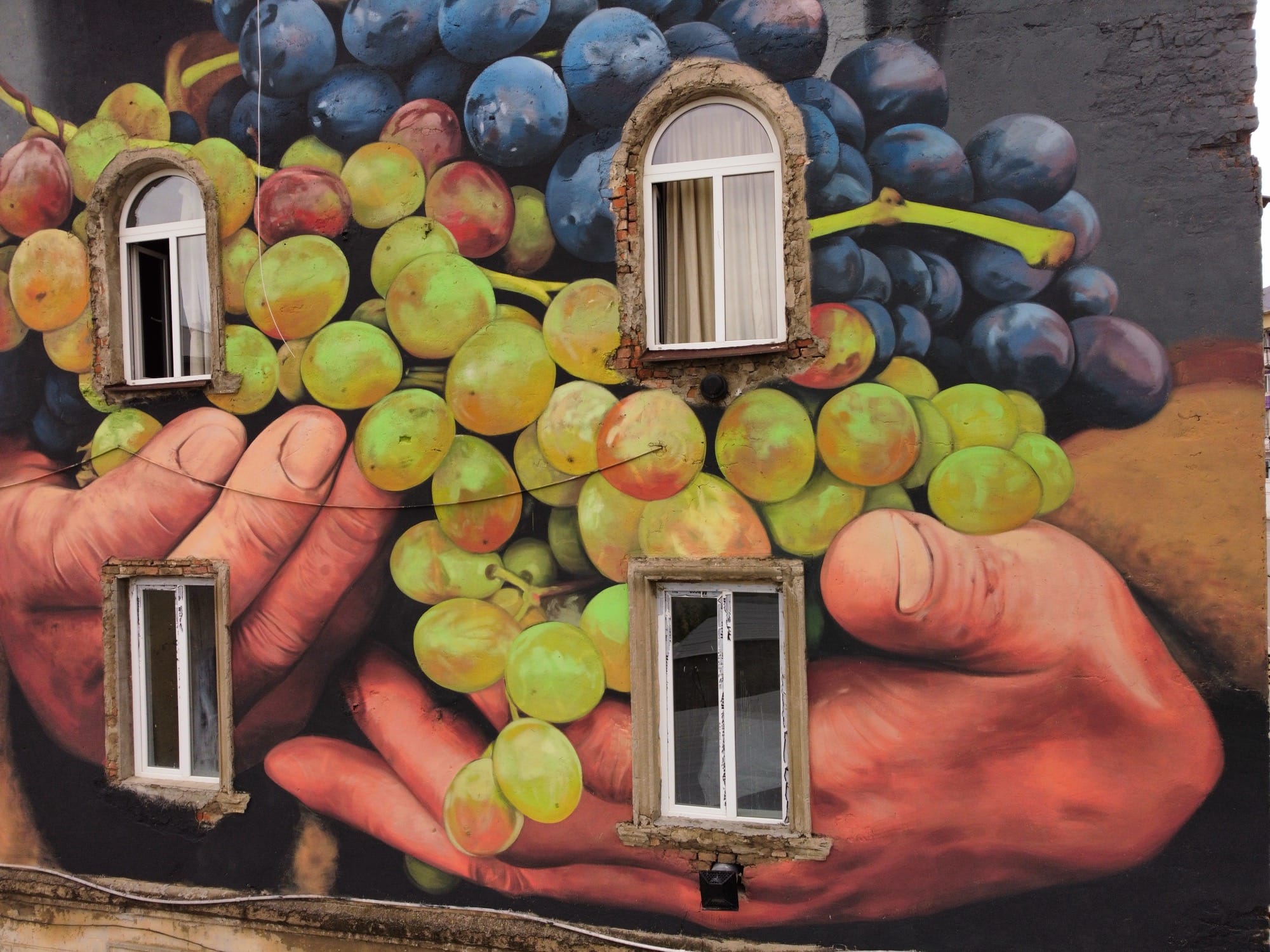a detail of a mural on the side of a building of two hands holding a pile of grapes