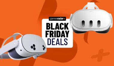 A Meta Quest 3 and supposed Quest 3S on an orange background, slightly covering a Black Friday deals badge