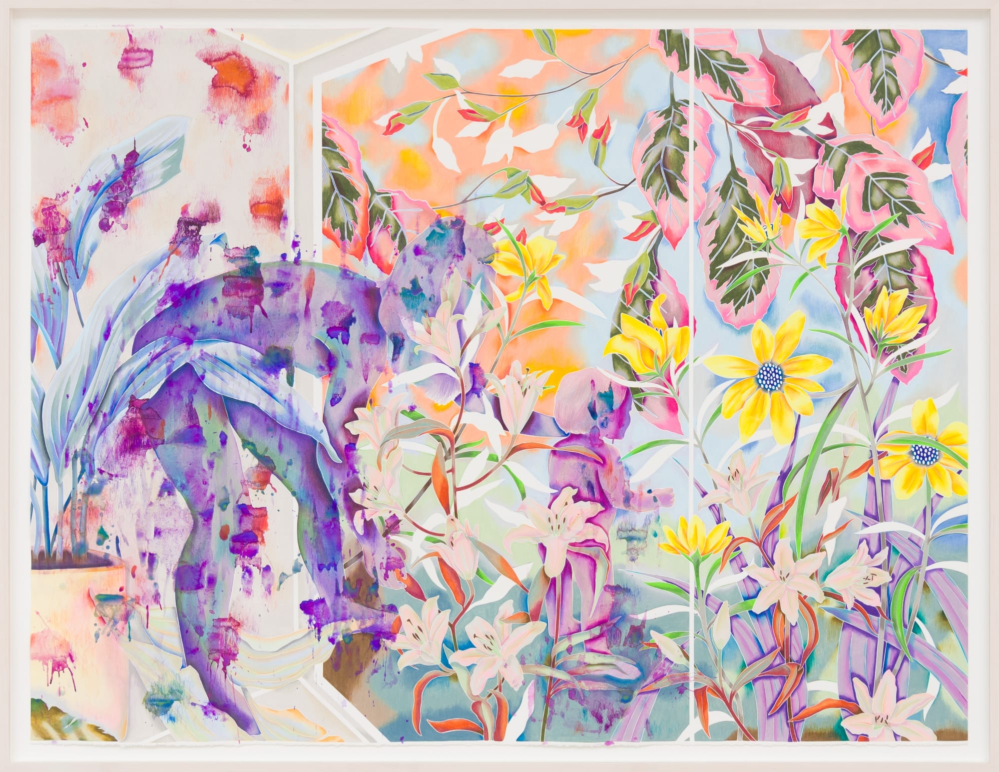 a colorful floral painting by Sarah Ann Weber with faint architectural details