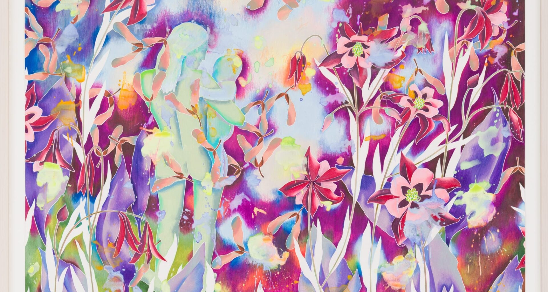 a colorful floral painting by Sarah Ann Weber with faint figurative details