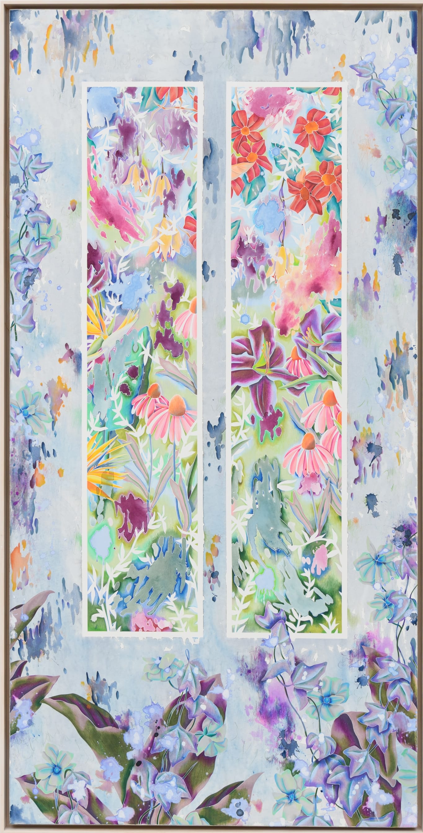 a colorful floral painting by Sarah Ann Weber with faint architectural details