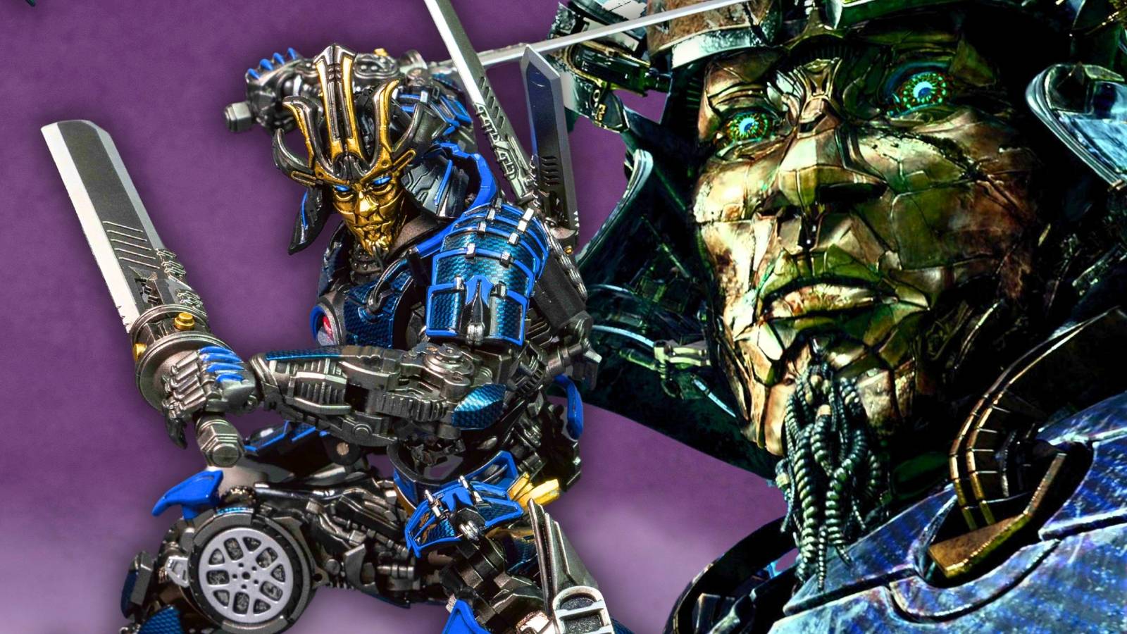 The Yolopark AMK PRO Transformers Age Of Extinction Drift figure in front of the Autobot's movie design.