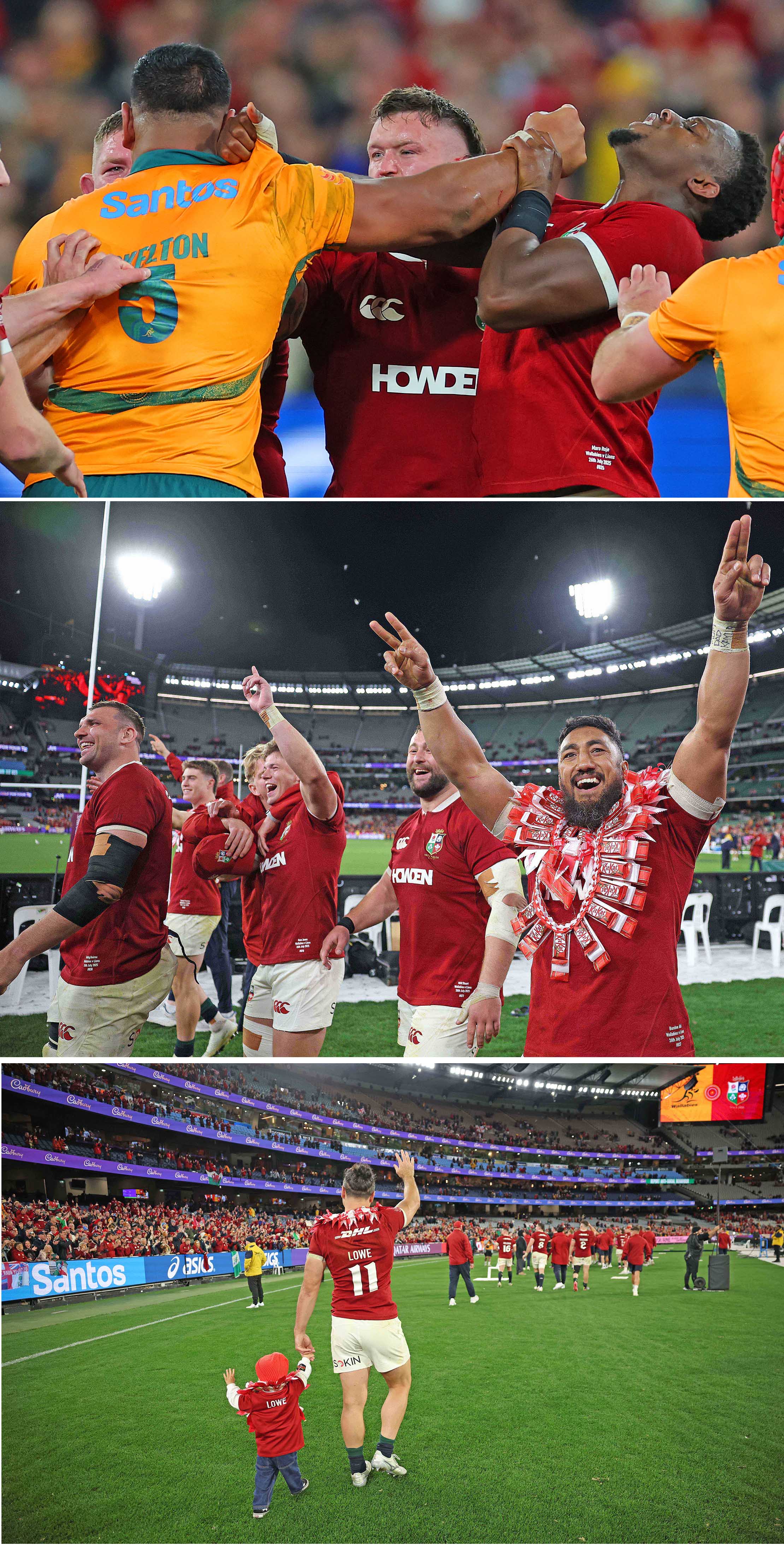 Collage of three images showing rugby players: a fight between two players, celebrating players, and a player walking with a child.