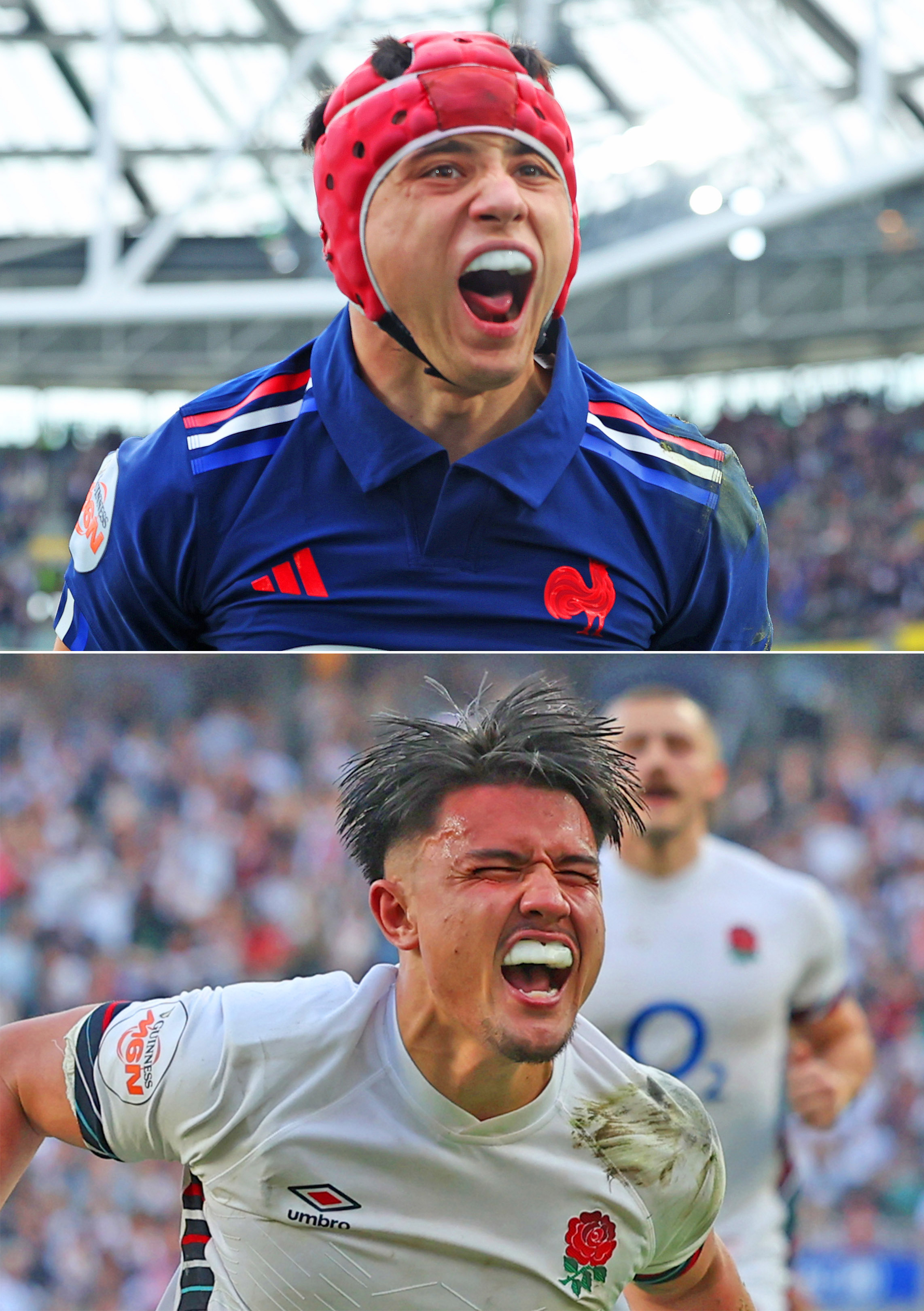Collage of two close-up photos of rugby players in action, one in a blue jersey with a red scrum cap and the other in a white jersey.
