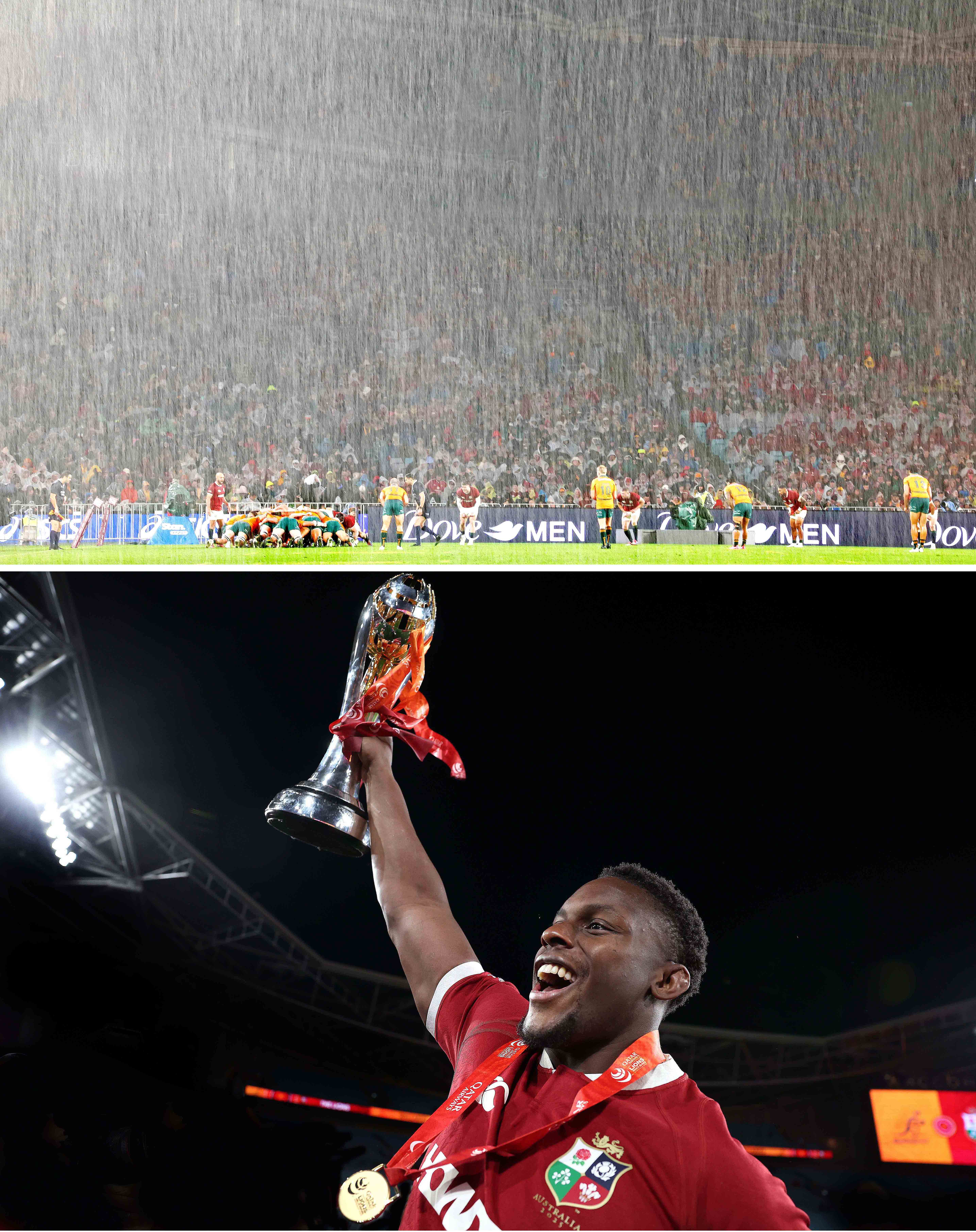 Collage of rugby players in a scrum during heavy rain and a jubilant Maro Itoje holding a trophy aloft.