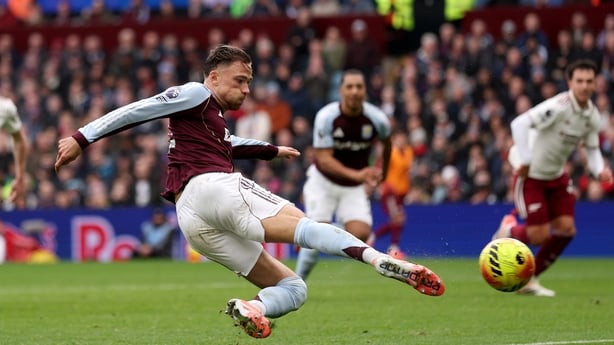 Matty Cash of Aston Villa scoring against Arsenal in Premier League, December 2025