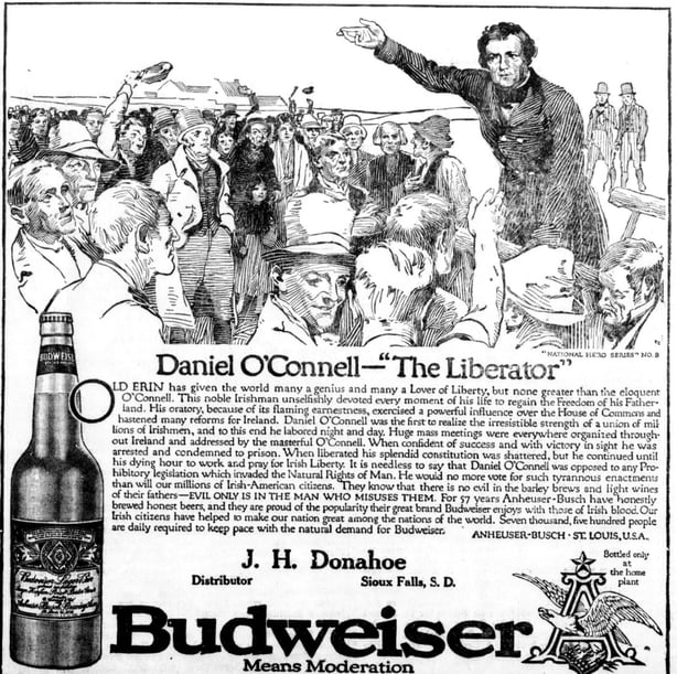 Daniel O'Connell newspaper ad for Budweiser beer