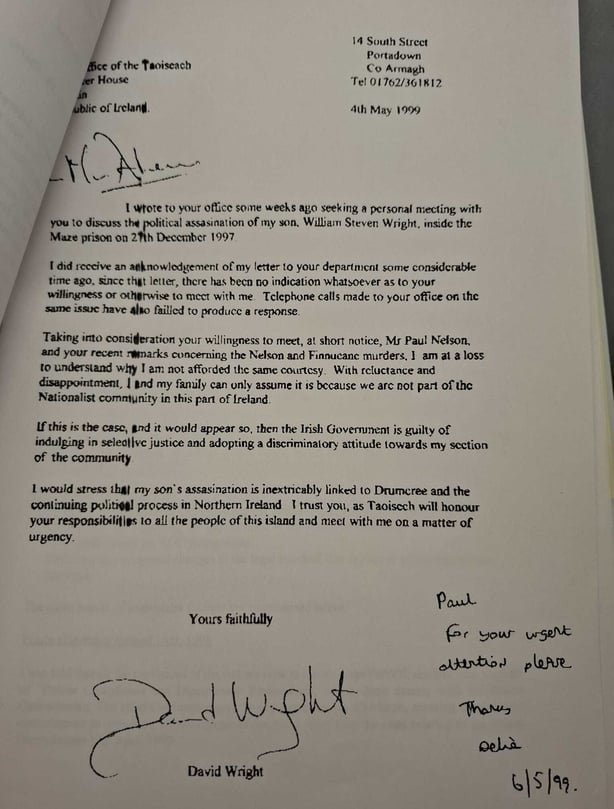 A letter from Billy Wright's father David to Bertie Ahern