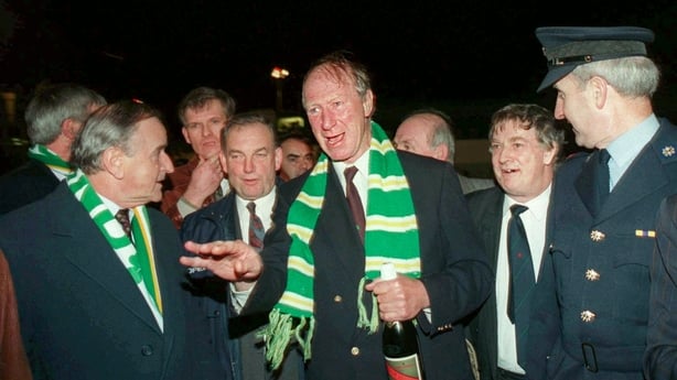 17 November 1993; Taoiseach Albert Reynolds T.D. welcomes Republic of Ireland manager Jack Charlton at Dublin Airport on the teams return from their 1-1 draw with Northern Ireland at Windsor Park in Belfast. Photo by Ray McManus/Sportsfile