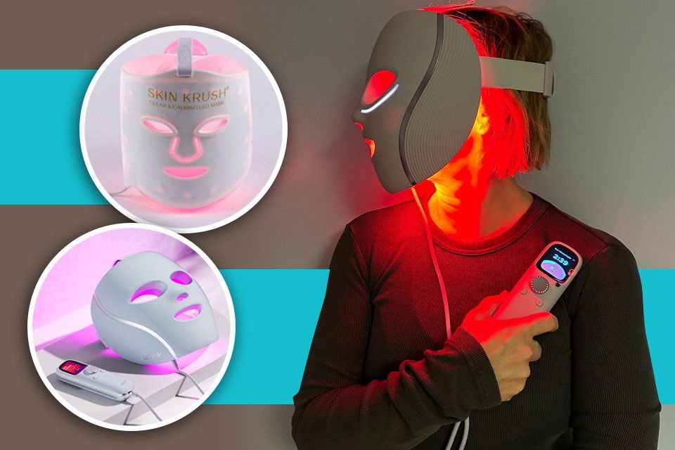 Sarah Caden tries out the Shark CryoGlow LED face mask (inset bottom); inset top, the Skin Krush mask. Photo: Sarah Caden