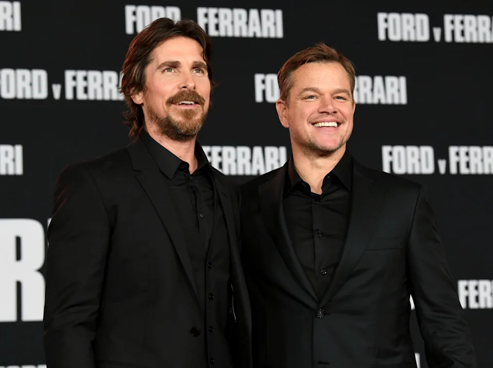 Christian Bale and Matt Damon arrive at the premiere of Fox's 'Ford V Ferrari' at the TCL Chinese Theatre.<p><a href="https://www.gettyimages.com/detail/news-photo/christian-bale-and-matt-damon-arrive-at-the-premiere-of-news-photo/1185629684" rel="nofollow noopener" target="_blank" data-ylk="slk:Kevin Winter&sol;Getty Images;elm:context_link;itc:0;sec:content-canvas" class="link ">Kevin Winter&sol;Getty Images</a></p>
