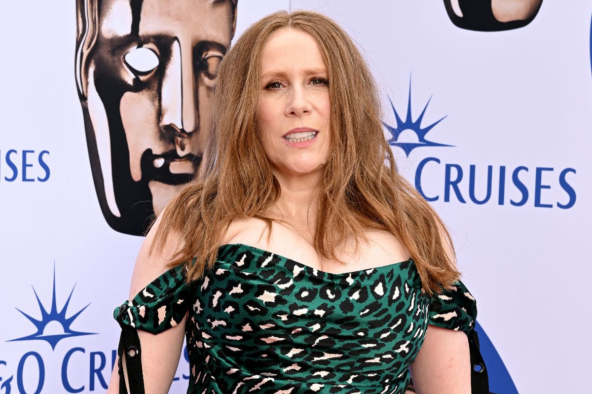 Catherine Tate wearing a green dress at the 2023 BAFTAs