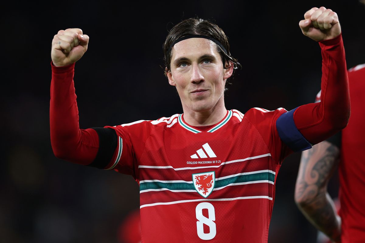 Harry Wilson of Wales celebrates scoring his third goal during the FIFA World Cup 2026 qualifier match between Wales and North Macedonia at Cardiff City Stadium on November 18, 2025 in Cardiff, Wales.