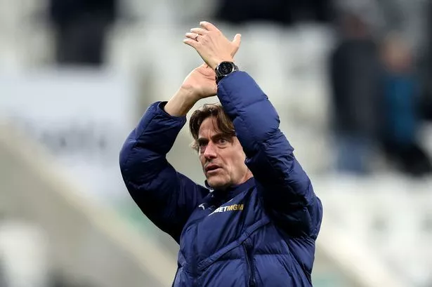 Thomas Frank applauds the fans after Tottenham Hotspur drew at Newcastle United on Tuesday evening