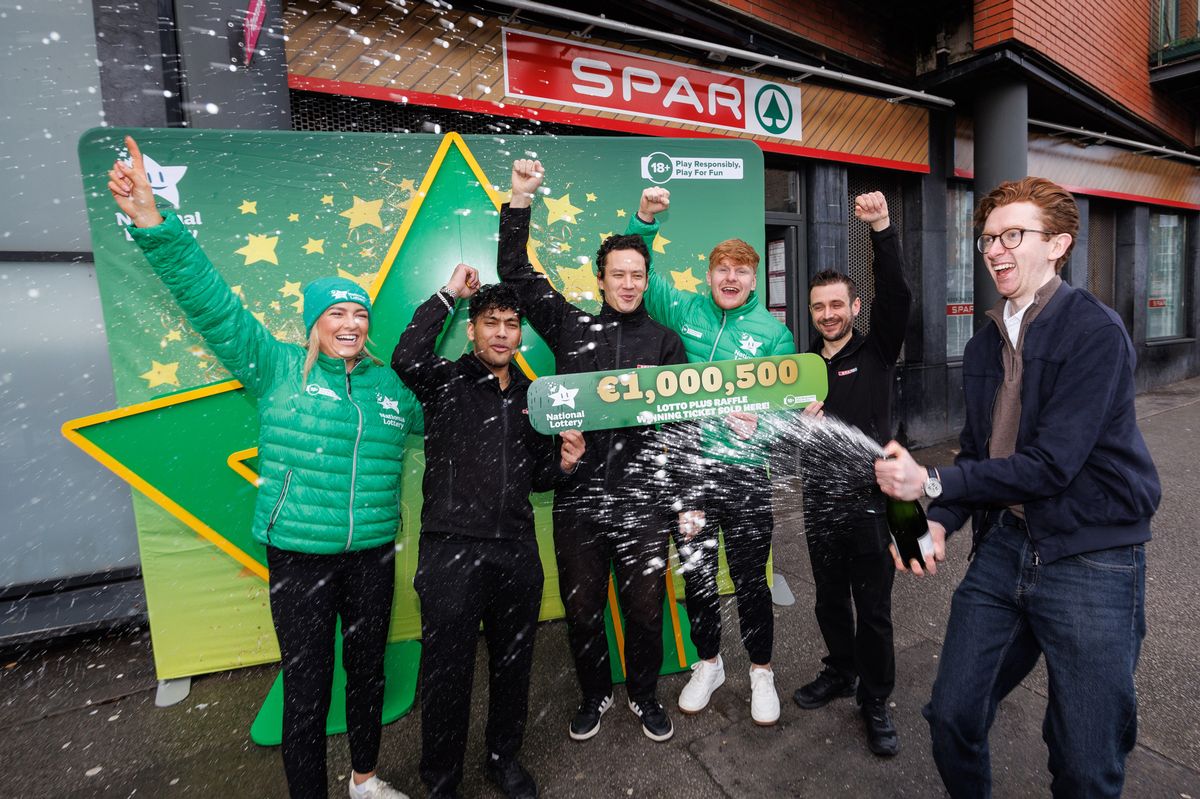 21 December 2025; Staff at the Spar Store on Mountjoy Street in Dublin 7 were thrilled to hear that their store sold the winning ticket for the Lotto Plus Raffle on Saturday night which saw one player win €1 million in addition to the usual €500 Raffle prize. Pictured are Krishy Baboolall, Ruslan Kurmashev and Hakan Kisacik with National Lottery’s Ciara Gorman, Dominik Morycki and Darragh O’Dwyer