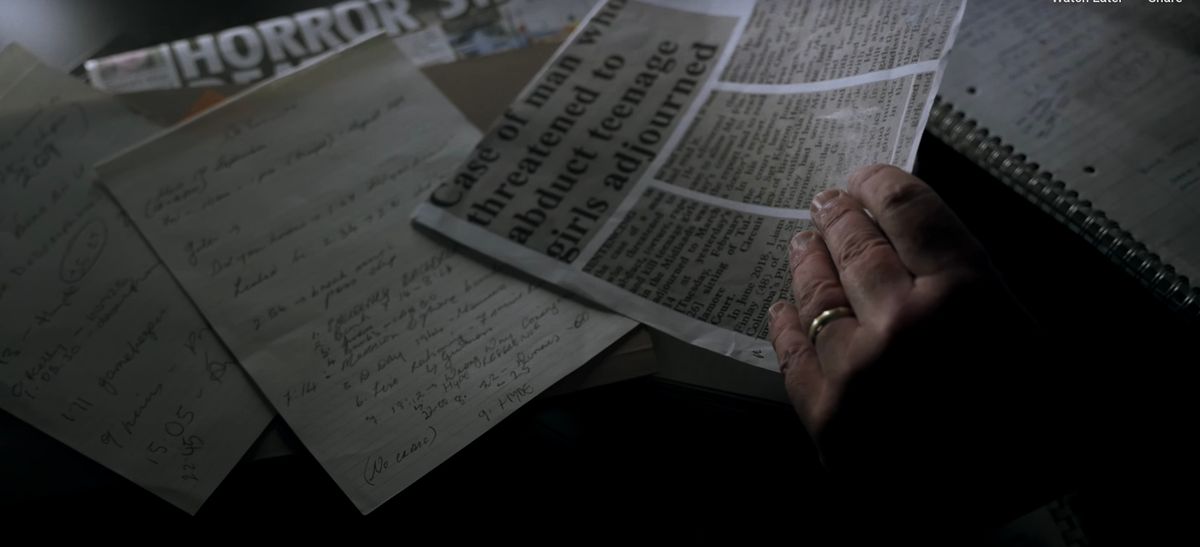 former detective and handwriting expert John Sweetman going through cuttings from Karen Buckley murder case