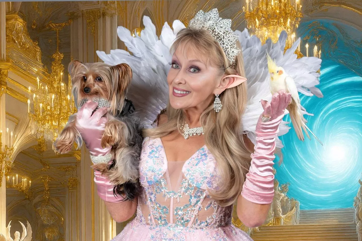 Photos released 4th Nov 2025 - with added background 
The first photos of the Queen of panto Twink (Adele King), in costume for her panto role as Queen of the Fairies in The Stadium Panto Cinderella with Sammy and Buffy. Pictured with her adorable dog Tayto and bird Timberlake who will be appearing with her in the show 
This glittering panto runs at the National Stadium Dublin. Adele's role will be filmed in advance and she will appear via the wonders of technology on the screen. 
from 9th Dec - 4th Jan 
panto.ie Photo Rob Kennedy 