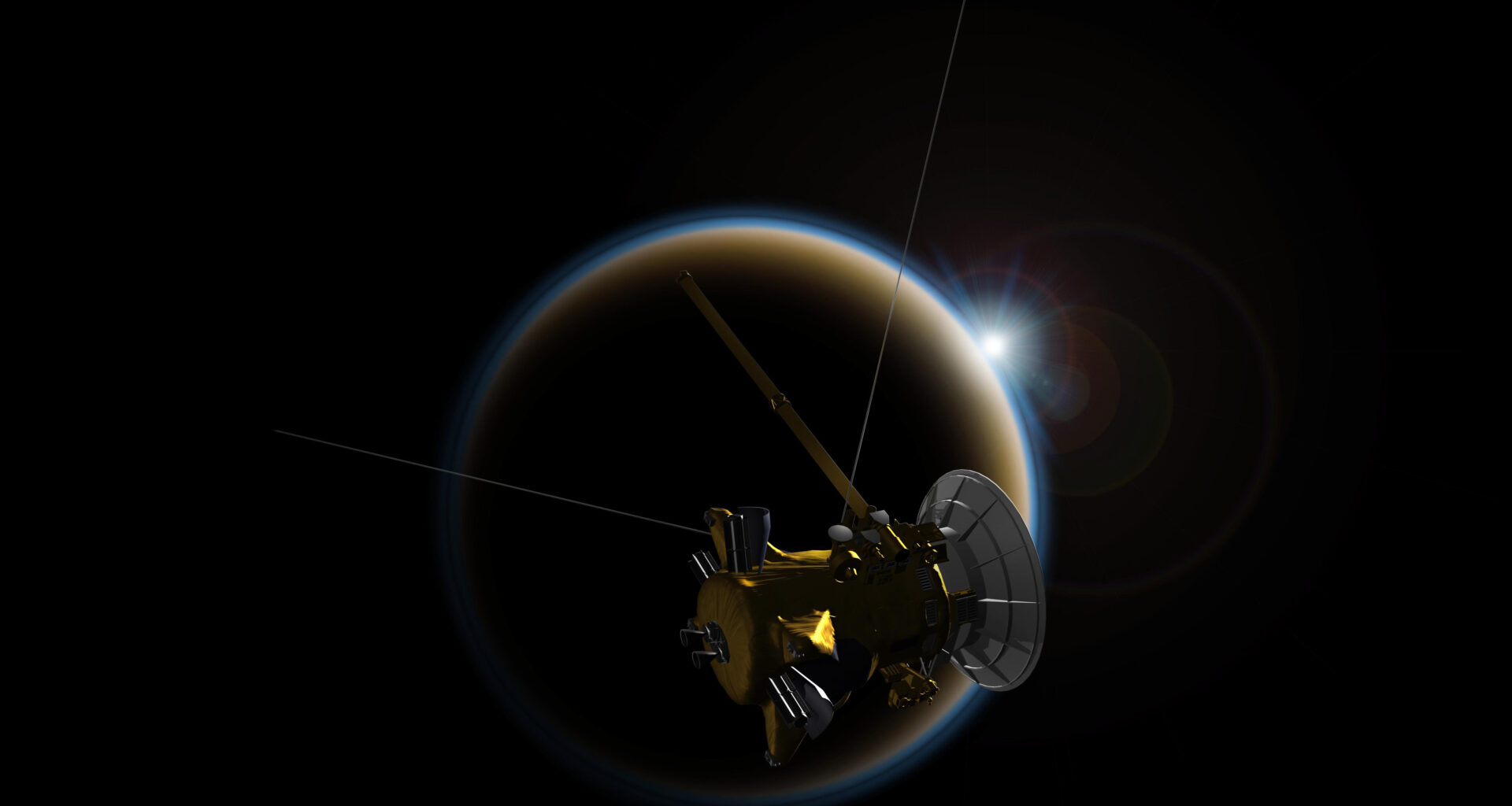 Artist's rendering of NASA's Cassini spacecraft observing a sunset through Titan's hazy atmosphere. Against the blackness of space, the moon is backlit, with a ring of white and a ring of blue light marking its outer edge, with the Sun as a point of bright light peeking from the upper-right edge of the disc. Cassini is dimly lit in the foreground partially blocking the moon, a dull gold with a large white antenna dish, and three spindly protrusions coming out of its center at 90-degree angles to each other.