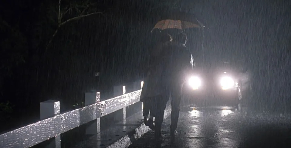 Two people share an umbrella, walking in heavy rain on a dark road as headlights approach from a car in the background