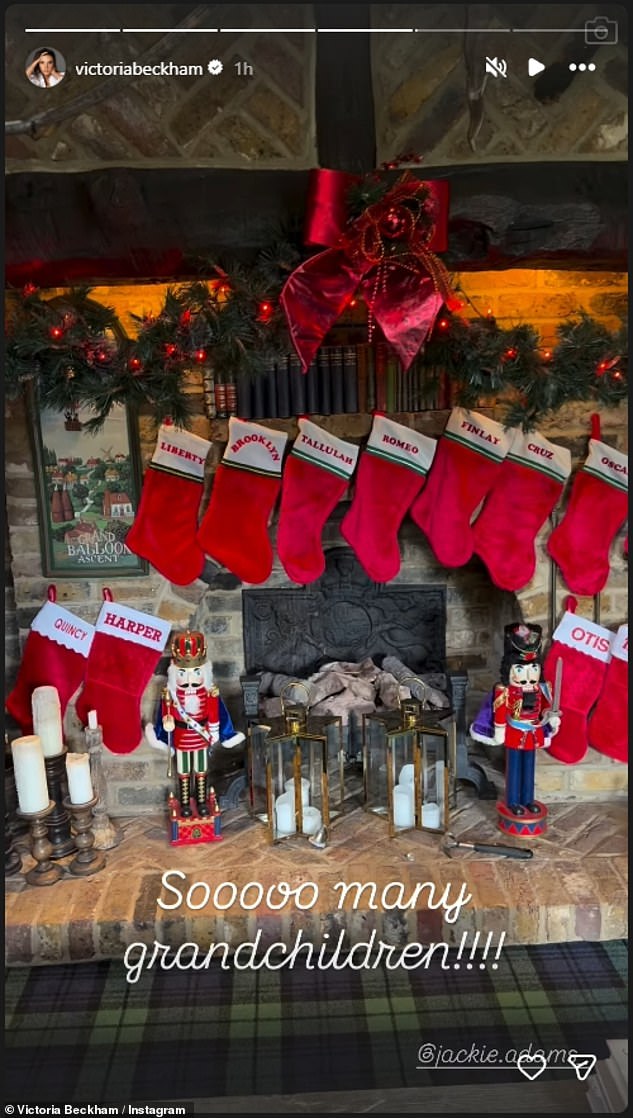 Victoria Beckham posted a picture of the fireplace filled with stockings at the Hertfordshire home of her parents, Jackie and Tony Adams - including one reserved for Brooklyn