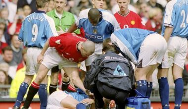 Roy Keane has reignited his long-standing feud with Erling Haaland's father Alf-Inge (pictured in 2001 when Keane clattered Haaland during the Manchester derby)