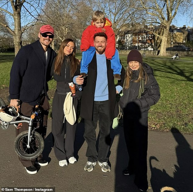 They spent Christmas day with Sam's mum, his sister Louise (far right), 35, and her fiancé Ryan Libbey (far left), 35, as well as Louise and Ryan's son Leo, 4