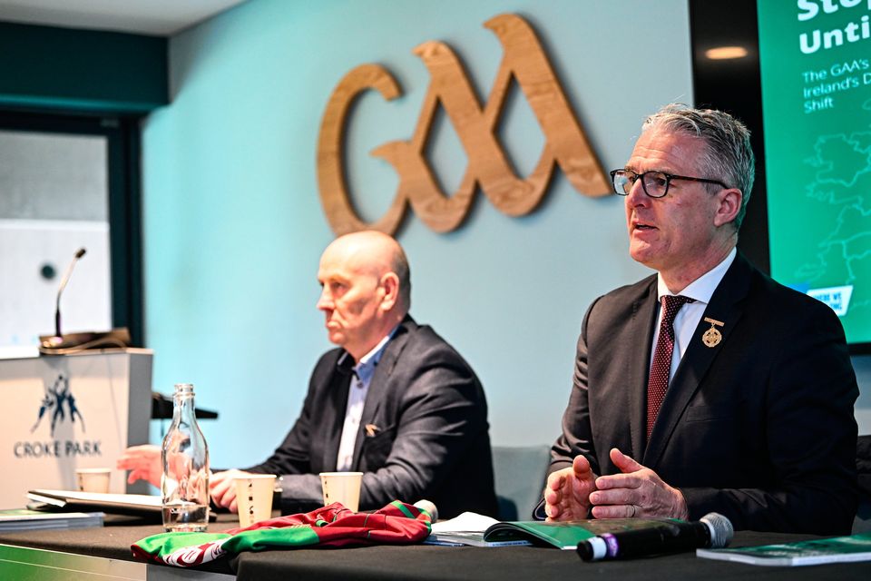 GAA president Jarlath Burns (right) and Benny Hurl, the GAA National Demographics Committee chairman, at Croke Park yesterday. Photo: Seb Daly/Sportsfile